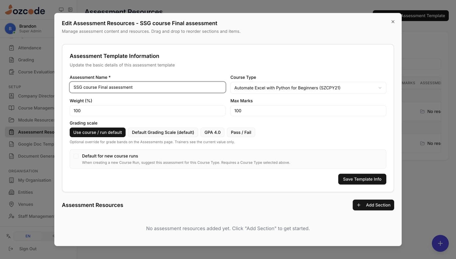 Edusphere assessment template with weighting, maximum marks, grading scales and a default-for-new-runs option