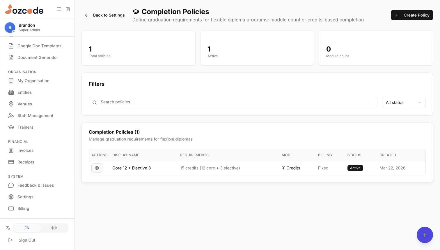 Edusphere completion policies with an active requirement of 15 credits including 12 core and 3 elective credits