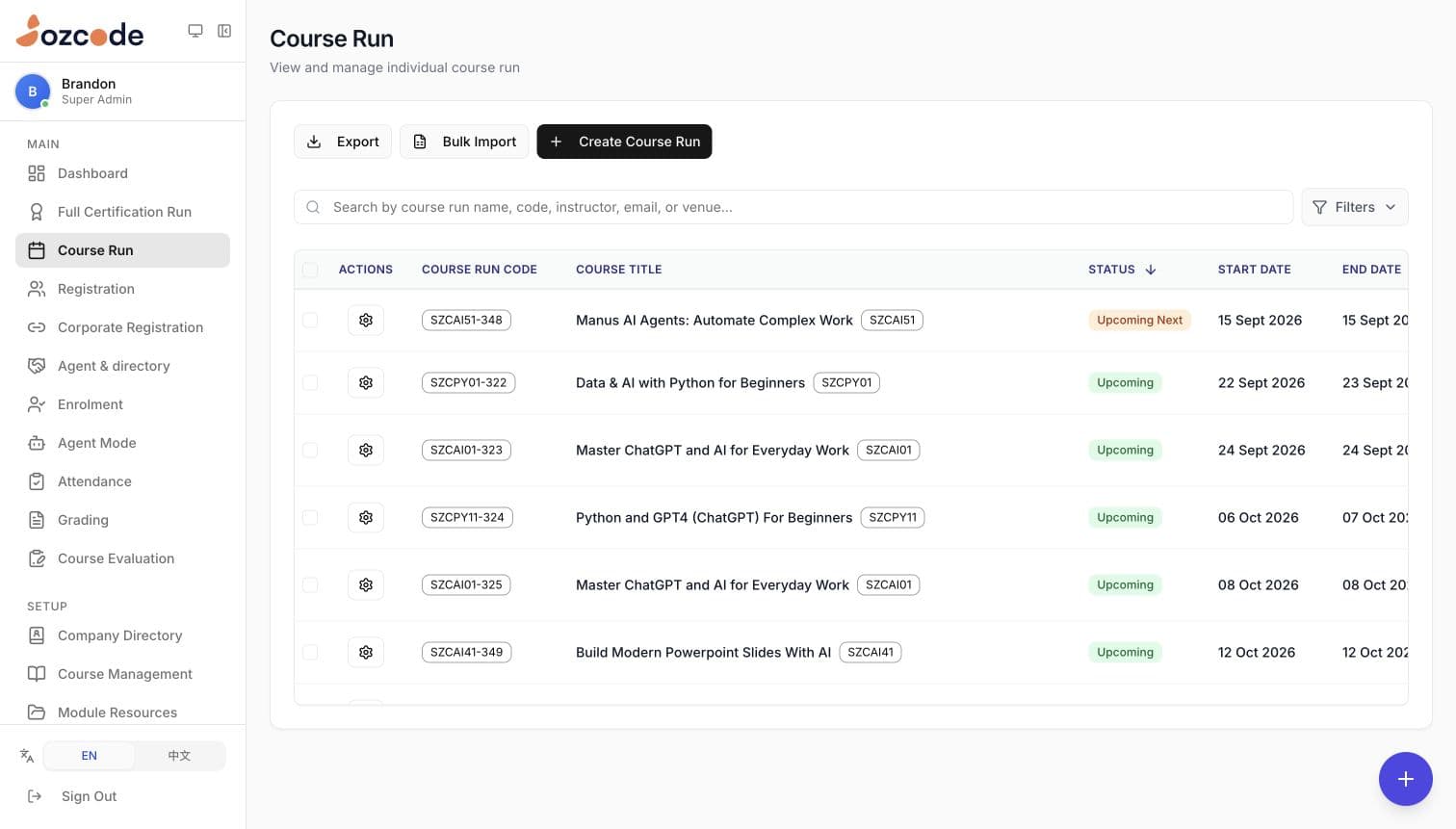 Edusphere training-management workspace showing upcoming courses, run codes, statuses and dates