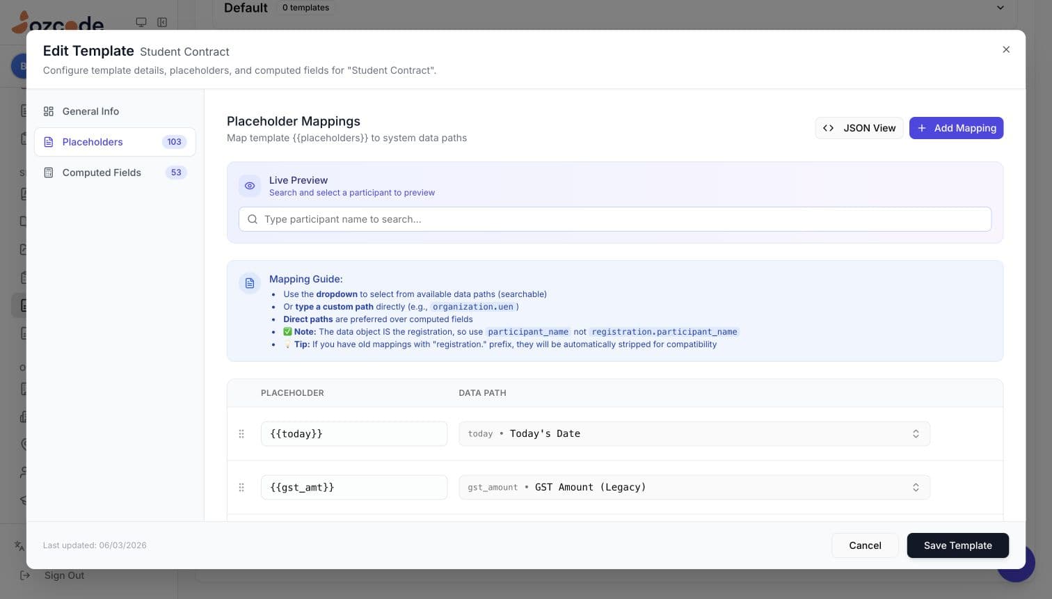 Edusphere Student Contract template editor with placeholder mappings and a participant preview control