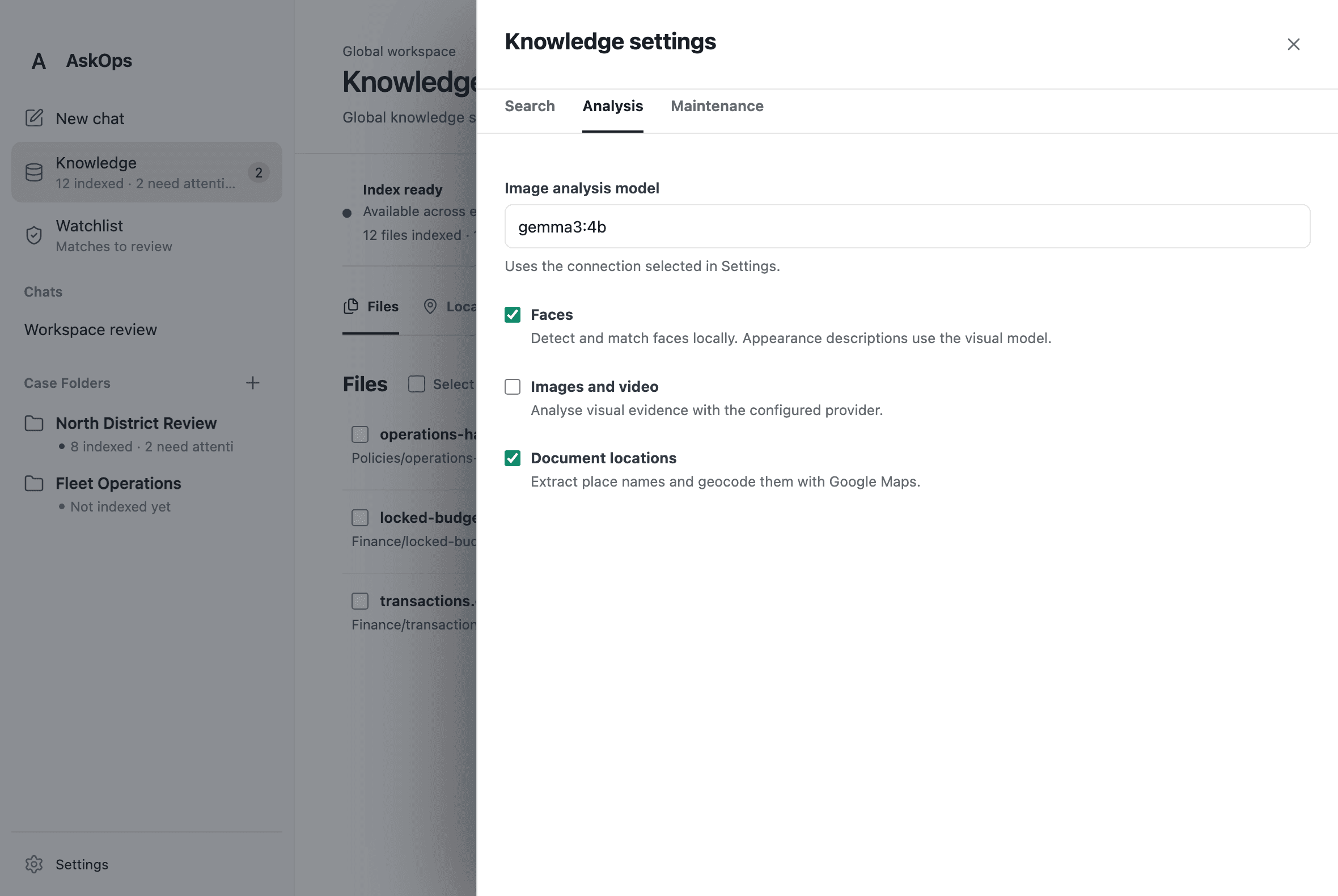 AskOps v3 analysis settings with separate controls for face indexing, images and video, and document locations