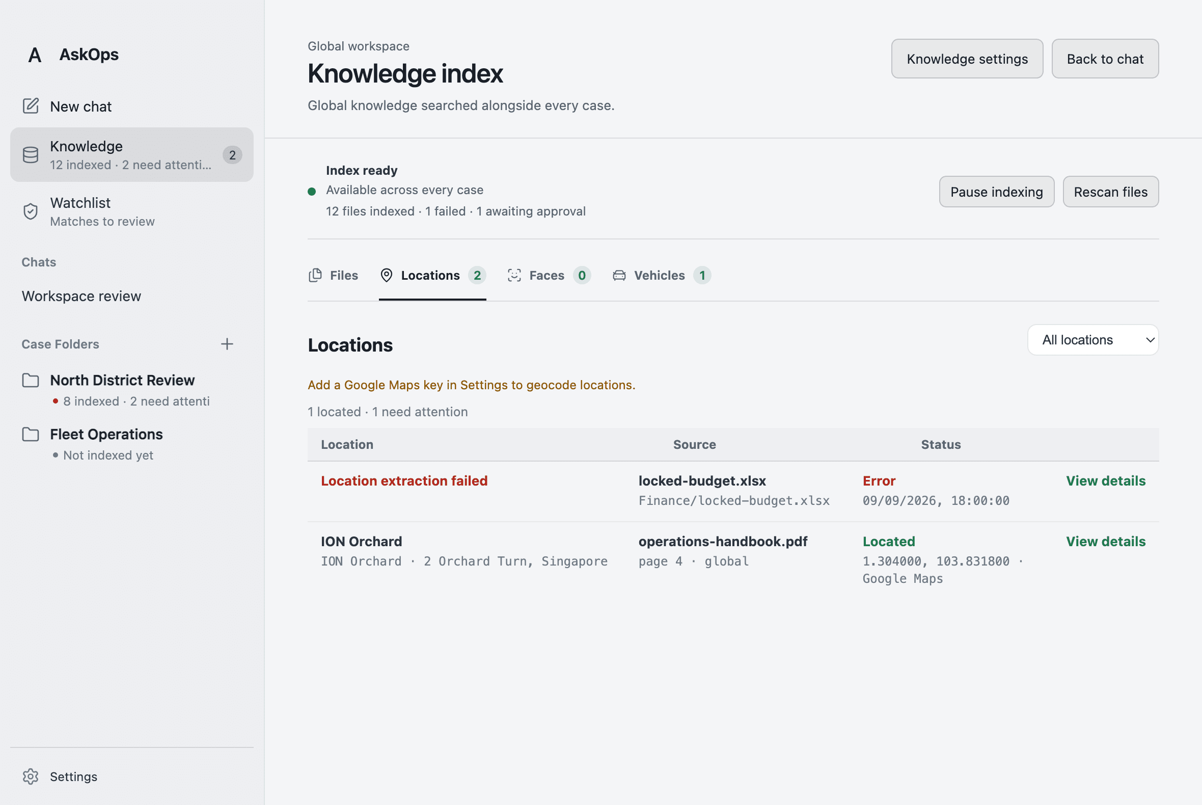 AskOps v3 Locations tab connecting an extracted place to a document and page reference