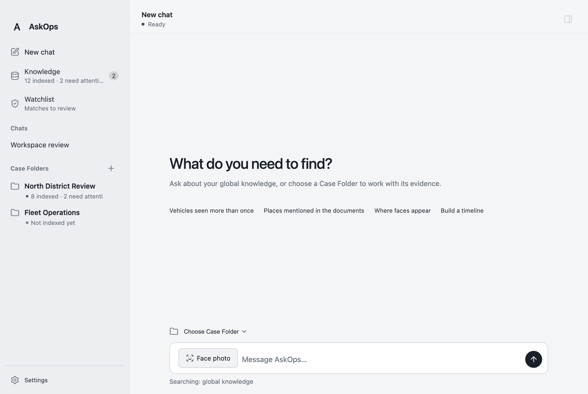 AskOps v3 investigation workspace with case folders and an agent composer