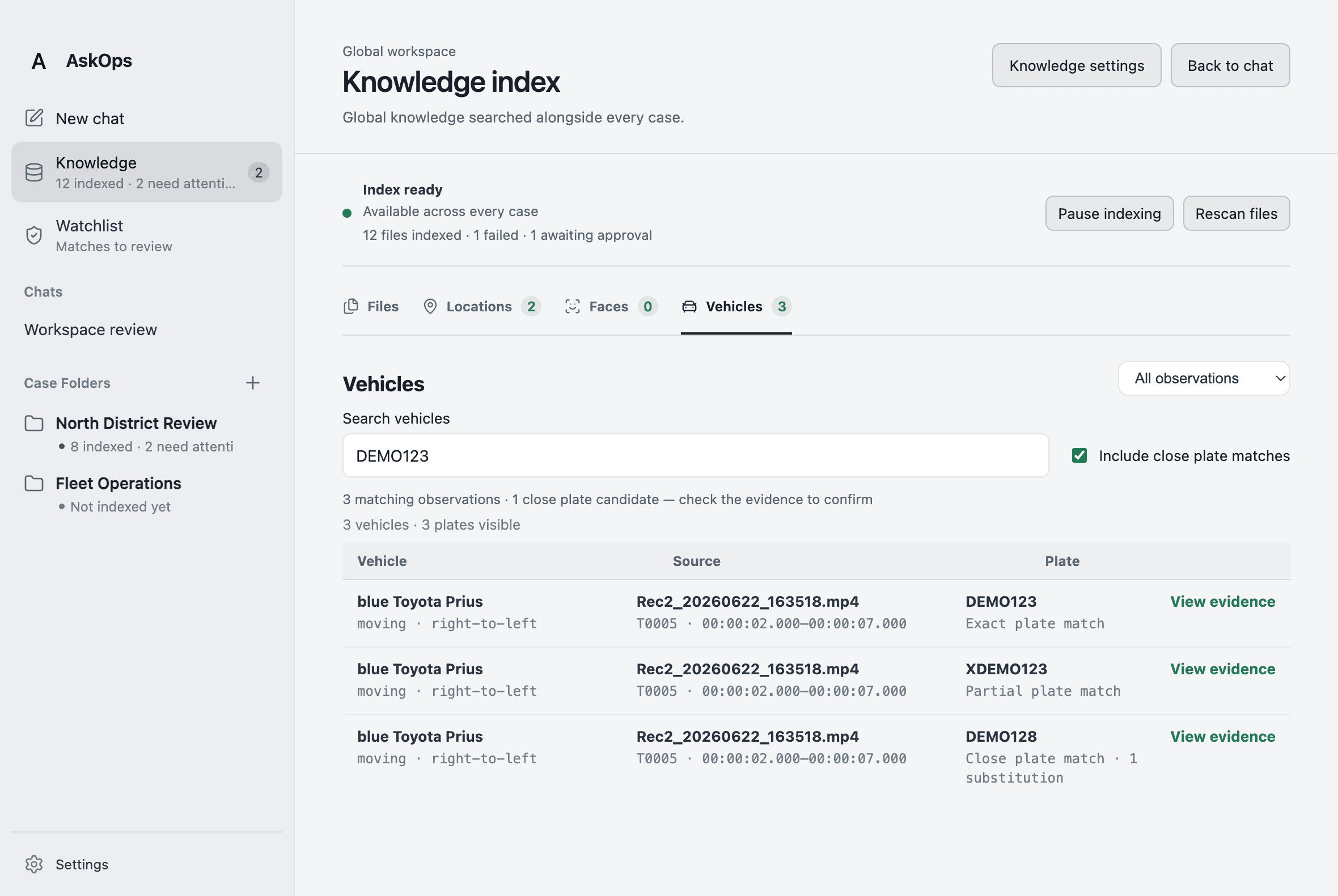 AskOps v3 vehicle search showing exact, partial and close plate matches with source video timestamps