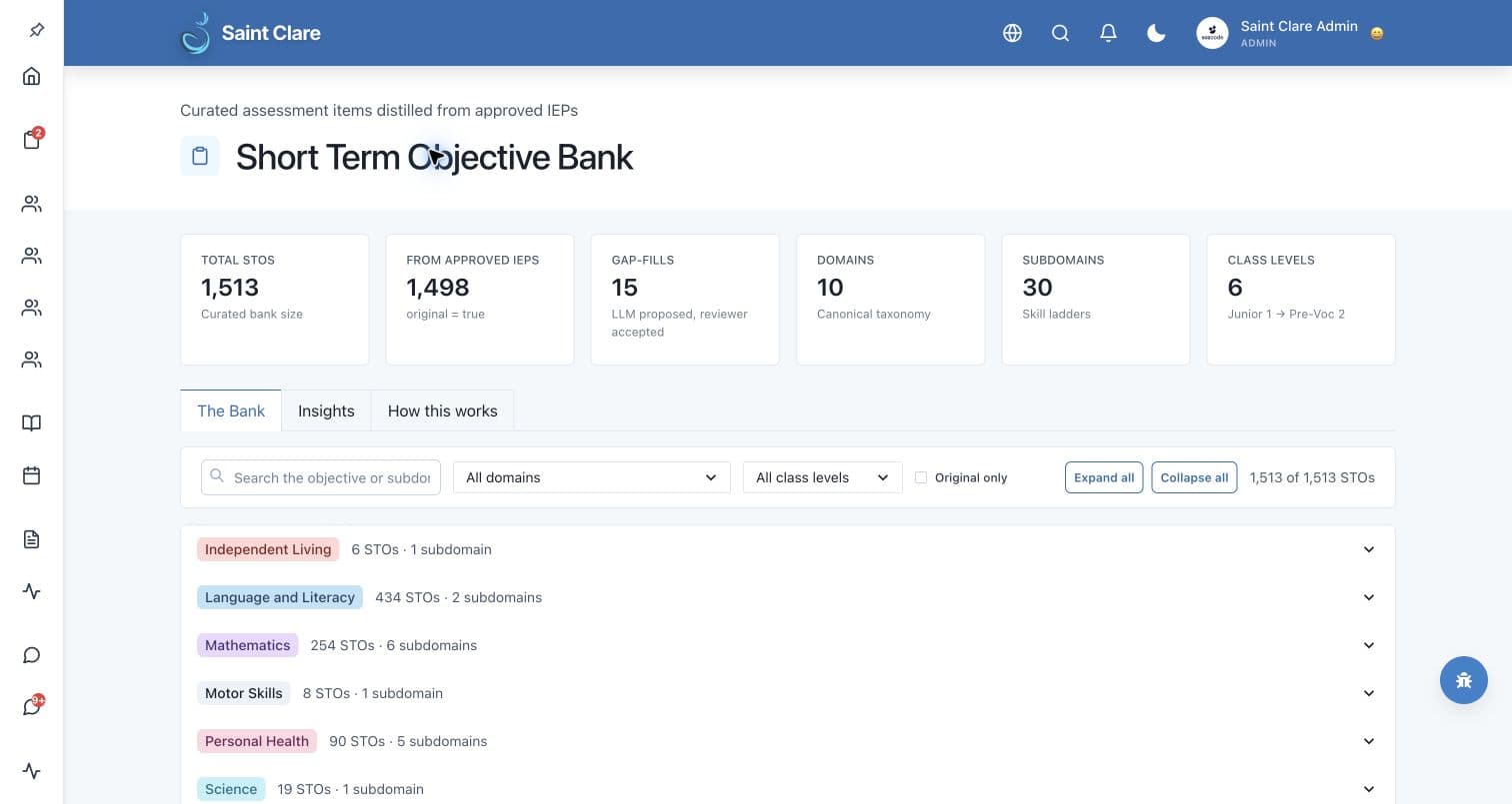 Saint Clare Short Term Objective Bank with filters for curriculum domains and class levels