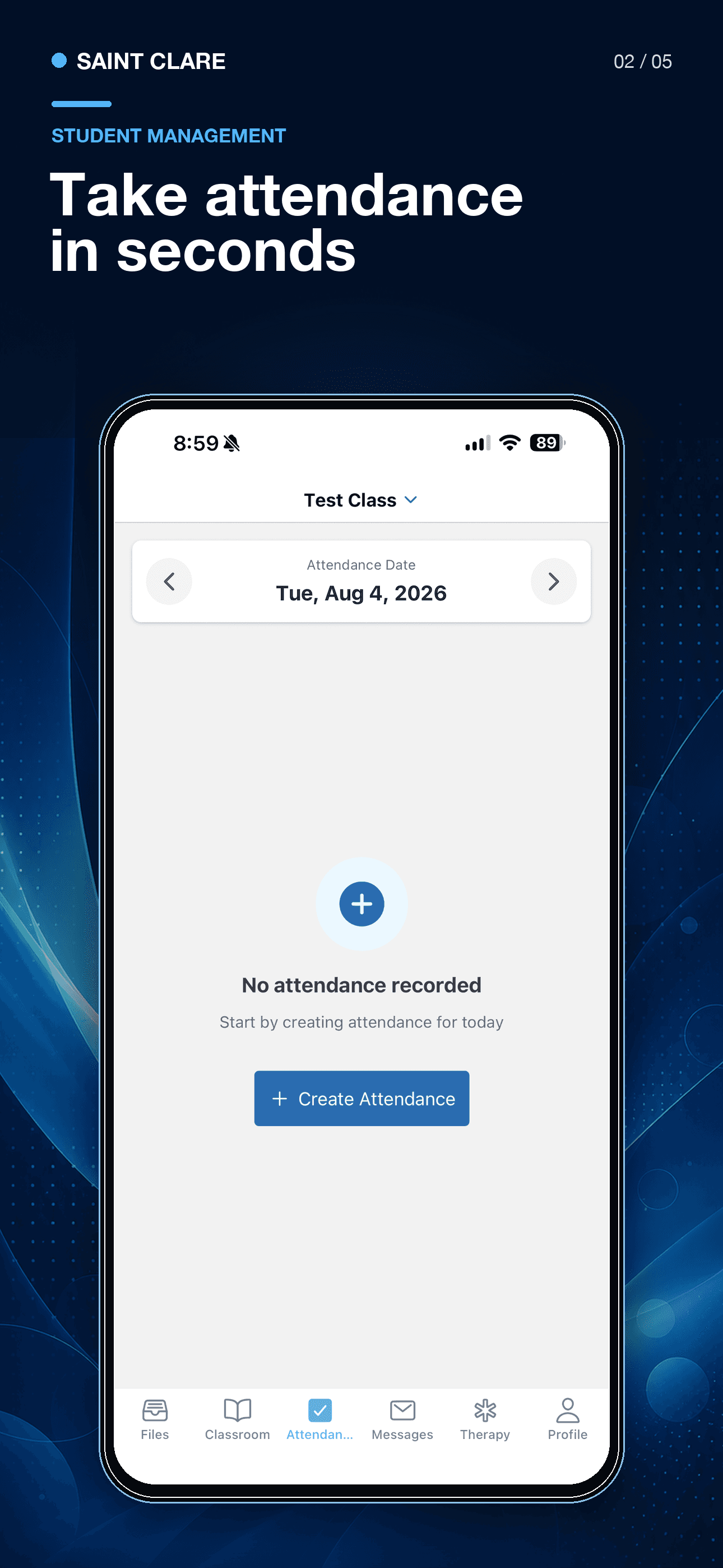 Saint Clare companion app attendance screen for a test class before attendance is recorded