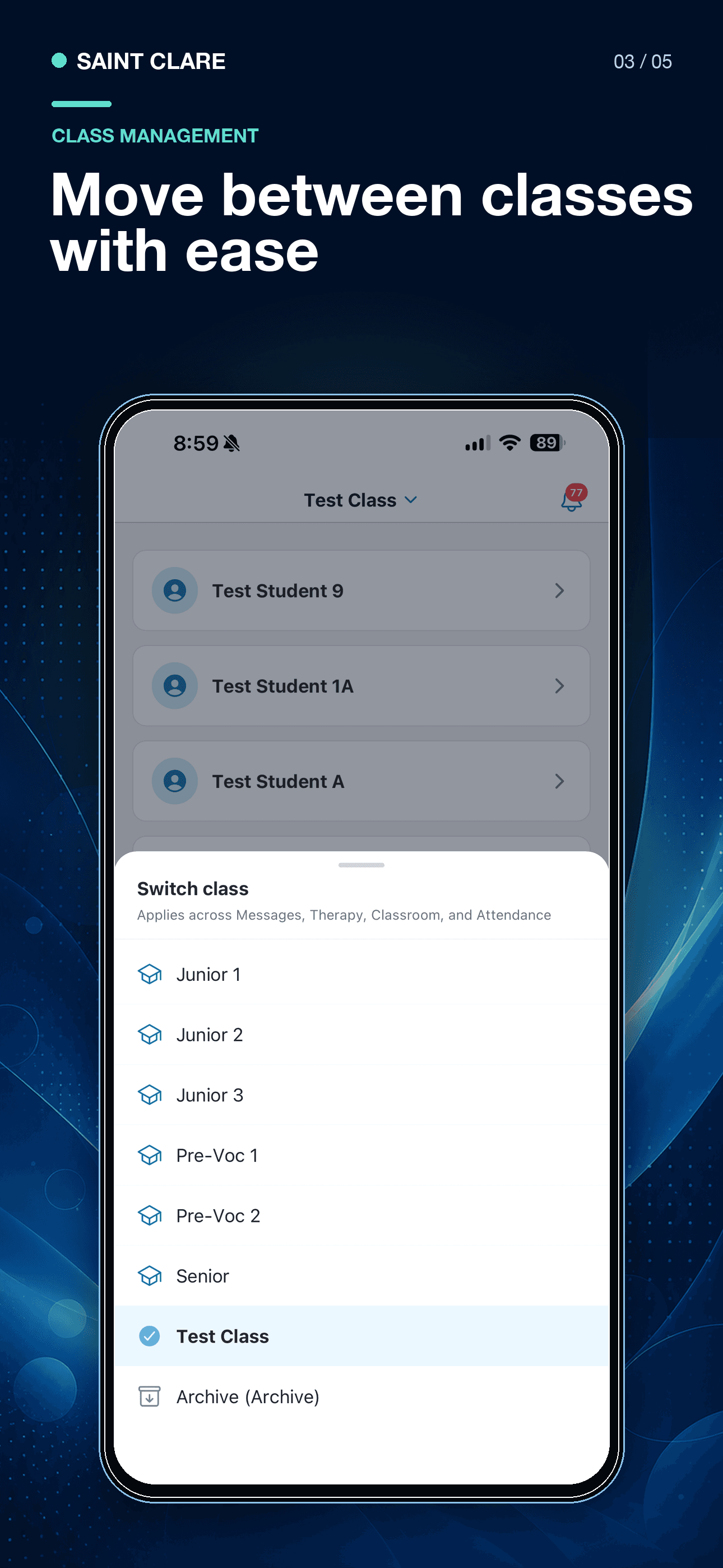 Saint Clare companion app class switcher over a list of test students and school classes
