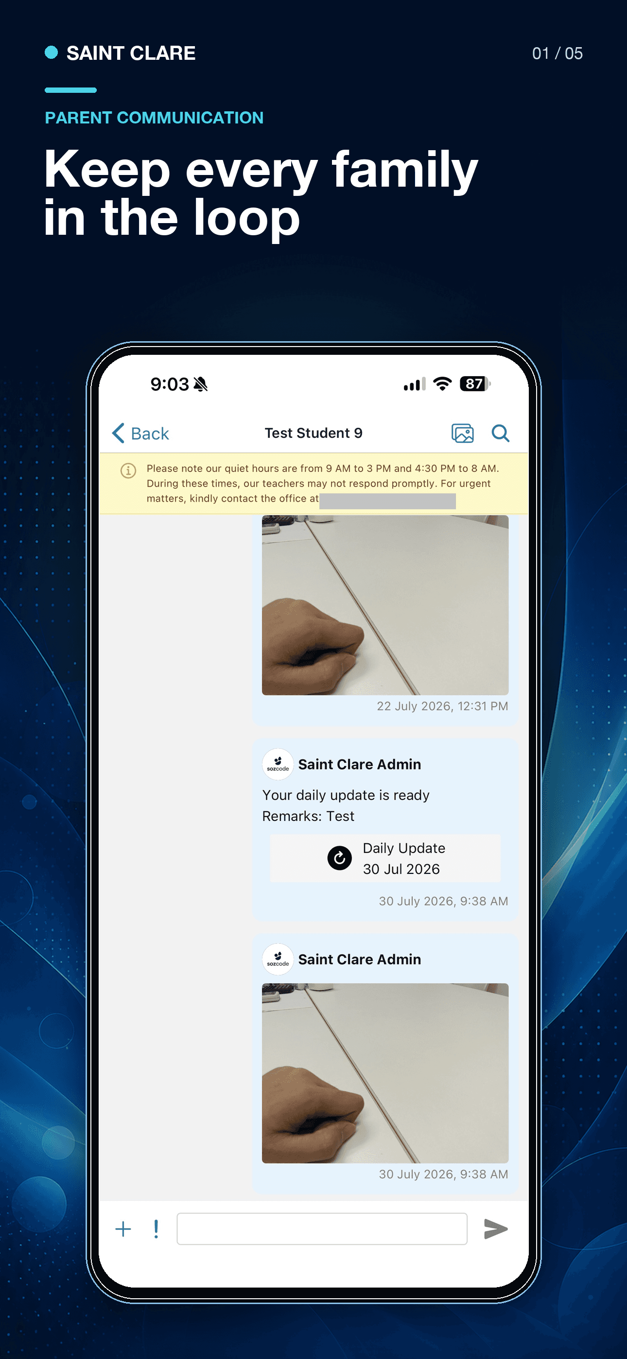 Saint Clare companion app conversation for a test student, showing a published daily update and photo messages